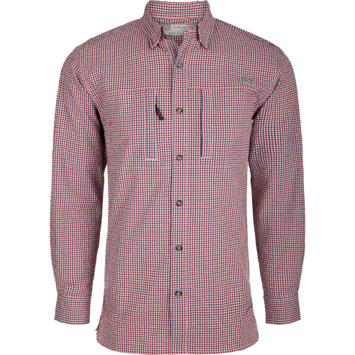 Classic Seersucker Grid Check Shirt L/S: A soft, featherweight shirt with a hidden button-down collar, zippered chest pocket, and Magnattach™ closure. Vented cape back for ventilation. Split tail hem allows for tucked or untucked wear. Sunglass wipe and adjustable roll-up sleeves.