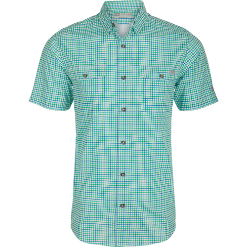 Frat Tattersall Shirt S/S: Lightweight, moisture-wicking shirt with UPF30 sun protection. Classic fit, hidden button-down collar, chest pockets, vented cape back, sculpted hem, and built-in sunglass wipe. Perfect for hunting, fishing, and outdoor activities.