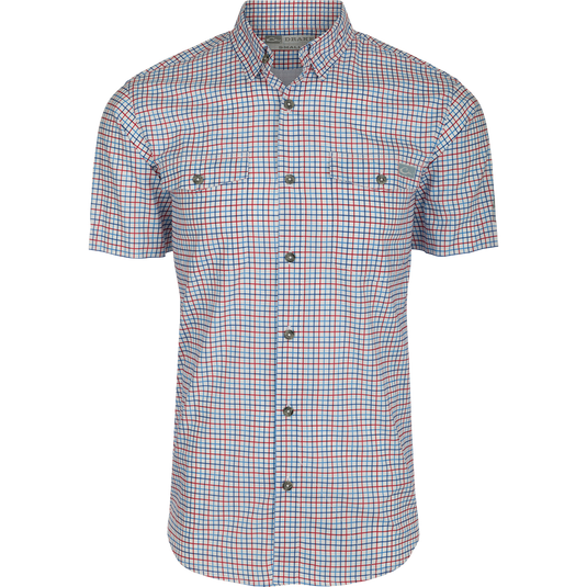 Frat Tattersall Shirt S/S - A lightweight performance shirt with UPF30 sun protection, moisture-wicking fabric, and a hidden button-down collar. Features include vented cape back, button-through flap chest pockets, sculpted hem, and built-in sunglass wipe. Classic styling meets technical functionality.