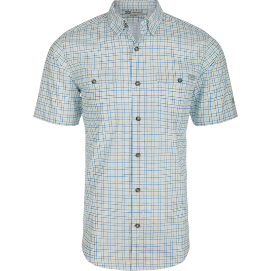 A classic fit Frat Tattersall Shirt with a hidden button-down collar, two chest pockets, and a vented cape back. Made from lightweight performance fabric with UPF30 sun protection and moisture-wicking properties. Sculpted hem and built-in sunglass wipe.