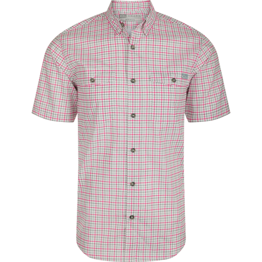Frat Tattersall Shirt: Lightweight red and white plaid shirt with hidden button-down collar, chest pockets, and vented cape back. Sculpted hem with built-in sunglass wipe. Classic style meets technical features.