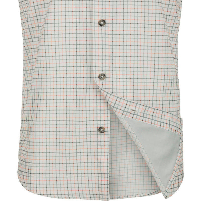 Frat Tattersall Shirt S/S: Lightweight white and orange plaid shirt with button-down collar, chest pockets, and vented cape back. Sculpted hem and built-in sunglass wipe.