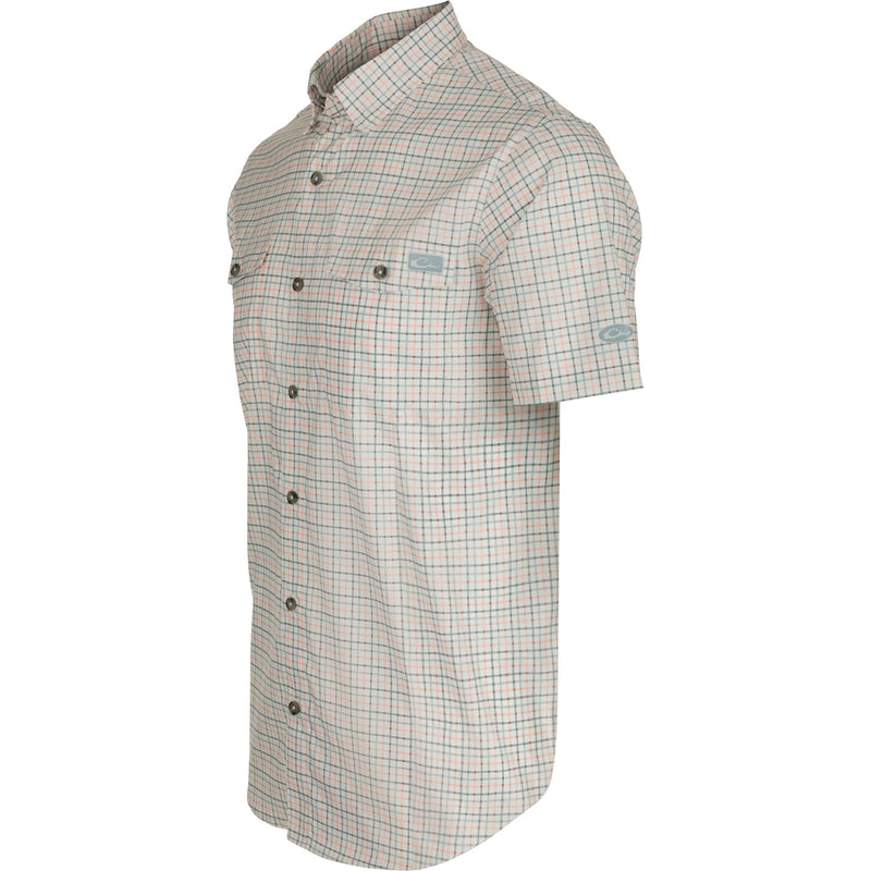 Frat Tattersall Shirt: Lightweight, moisture-wicking shirt with UPF30 sun protection. Classic fit with hidden button-down collar and two chest pockets. Vented cape back and sculpted hem for comfort.
