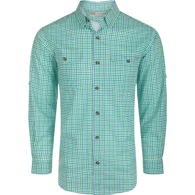 Frat Tattersall Shirt L/S: A plaid shirt with a hidden button-down collar, two chest pockets, and a vented cape back. Lightweight, stretchy, and moisture-wicking for comfort.