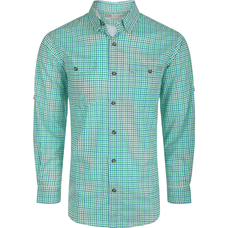 Frat Tattersall Shirt L/S: A plaid shirt with a hidden button-down collar, two chest pockets, and a vented cape back. Lightweight, stretchy, and moisture-wicking for comfort.