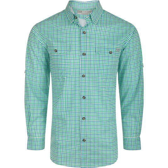 Frat Tattersall Shirt L/S: A plaid shirt with a hidden button-down collar, two chest pockets, and a vented cape back. Lightweight, stretchy, and moisture-wicking for comfort.