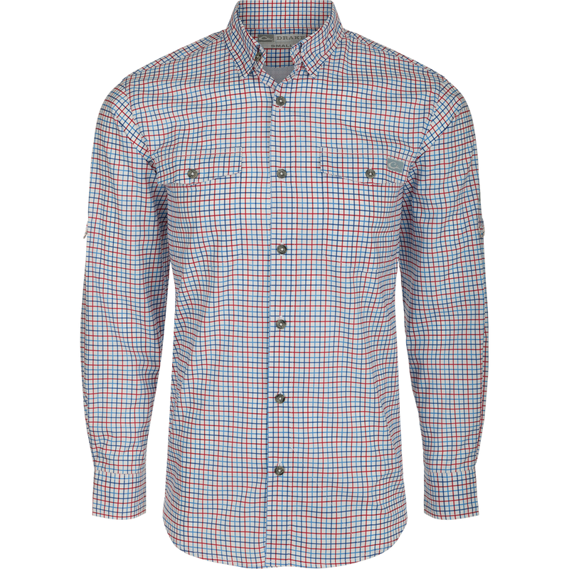 Frat Tattersall Shirt L/S: A classic fit shirt with hidden button-down collar, chest pockets, and vented cape back. Lightweight, moisture-wicking fabric with UPF30 sun protection and built-in stretch. Sculpted hem and roll-up long sleeves with tab holder.