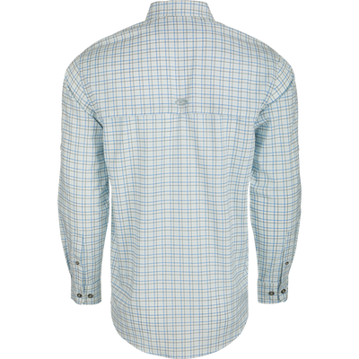 Frat Tattersall Shirt L/S: A lightweight plaid shirt with a hidden button-down collar, chest pockets, and a vented cape back. Features include UPF30 sun protection, moisture-wicking, and a built-in sunglass wipe. Classic styling meets technical functionality.