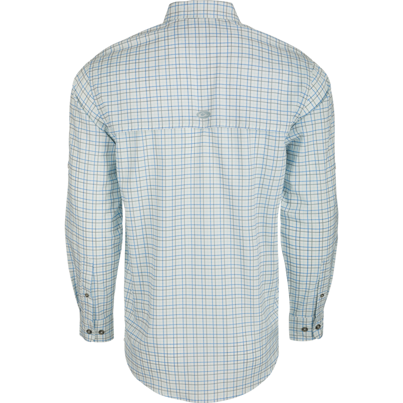Frat Tattersall Shirt L/S: A lightweight plaid shirt with a hidden button-down collar, chest pockets, and a vented cape back. Features include UPF30 sun protection, moisture-wicking, and a built-in sunglass wipe. Classic styling meets technical functionality.