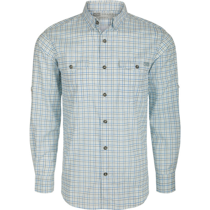 Frat Tattersall Shirt L/S: Lightweight, moisture-wicking shirt with UPF30 sun protection. Classic fit, hidden button-down collar, vented cape back, and two chest pockets. Sculpted hem with built-in sunglass wipe.