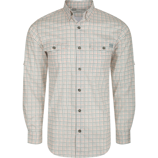 Frat Tattersall Shirt L/S: Classic fit shirt with hidden button-down collar, chest pockets, and vented cape back. Lightweight, moisture-wicking fabric with UPF30 sun protection. Sculpted hem and built-in sunglass wipe.