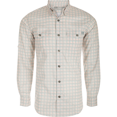 Frat Tattersall Shirt L/S: A classic fit shirt with hidden button-down collar, chest pockets, and vented cape back. Made from lightweight performance fabric with UPF30 sun protection and moisture-wicking properties. Sculpted hem allows for tucked or untucked wear. Includes a built-in sunglass wipe.