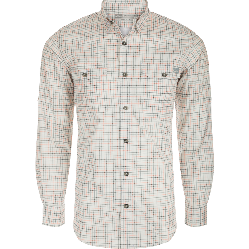 Frat Tattersall Shirt L/S: A classic fit shirt with hidden button-down collar, chest pockets, and vented cape back. Made from lightweight performance fabric with UPF30 sun protection and moisture-wicking properties. Sculpted hem allows for tucked or untucked wear. Includes a built-in sunglass wipe.