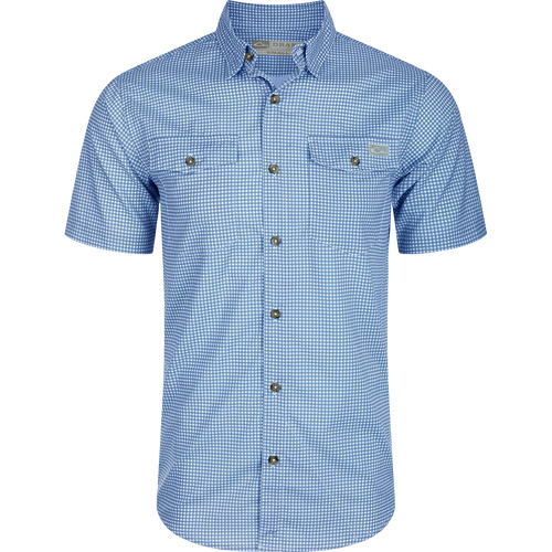 Frat Gingham Check Shirt S/S: Lightweight, moisture-wicking shirt with UPF30 sun protection. Classic fit, hidden button-down collar, and two chest pockets. Vented cape back and sculpted hem for ease of movement. Built-in sunglass wipe. High-quality hunting gear from Drake Waterfowl.