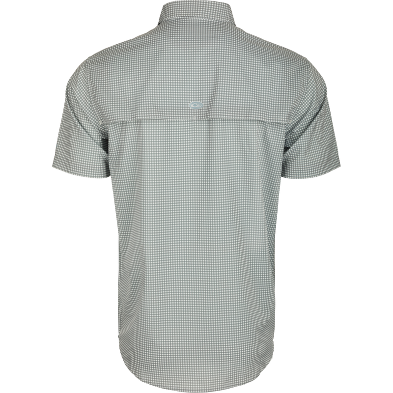 Frat Gingham Check Shirt S/S: Back view of a lightweight, moisture-wicking shirt with UPF30 sun protection. Features hidden button-down collar, vented cape back, and two chest pockets. Classic styling meets technical performance.