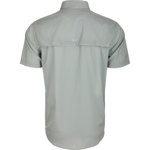 Frat Gingham Check Shirt S/S: Back view of a lightweight, moisture-wicking shirt with UPF30 sun protection. Features hidden button-down collar, vented cape back, and two chest pockets. Classic styling meets technical performance.