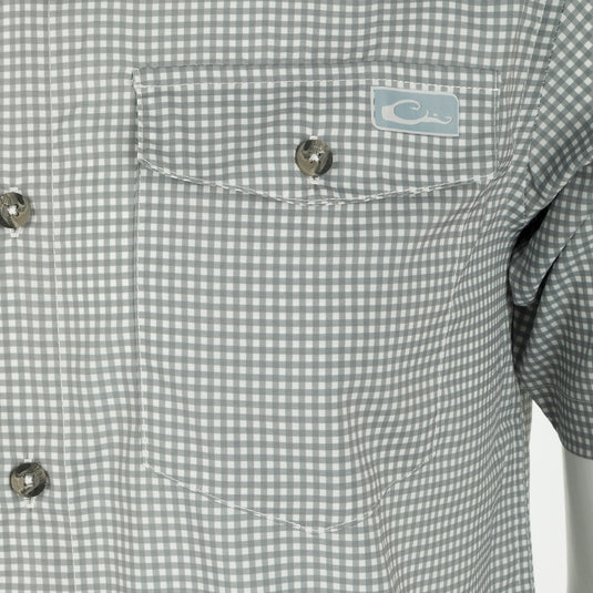 Frat Gingham Check Shirt: Close-up of lightweight, moisture-wicking shirt with hidden button-down collar, chest pockets, and vented cape back.