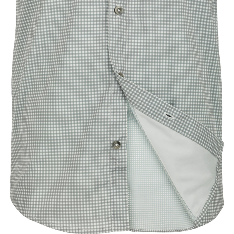 Frat Gingham Check Shirt: Classic fit button-up shirt with hidden collar, chest pockets, and vented cape back. Lightweight, moisture-wicking fabric with UPF30 sun protection and built-in stretch for ease of movement. Sculpted hem allows for tucked or untucked wear. 