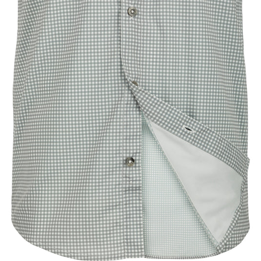 Frat Gingham Check Shirt: Classic fit button-up shirt with hidden collar, chest pockets, and vented cape back. Lightweight, moisture-wicking fabric with UPF30 sun protection and built-in stretch for ease of movement. Sculpted hem allows for tucked or untucked wear. Ideal for hunting, fishing, and casual outings.