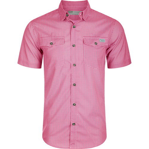 Frat Gingham Check Shirt: Lightweight, moisture-wicking fabric with UPF30 sun protection. Classic fit, hidden button-down collar, and two chest pockets. Vented cape back and sculpted hem for ease of movement. 