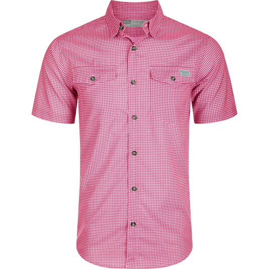 Frat Gingham Check Shirt: Lightweight, moisture-wicking fabric with UPF30 sun protection. Classic fit, hidden button-down collar, and two chest pockets. Vented cape back and sculpted hem for ease of movement. Perfect for hunting and outdoor activities.