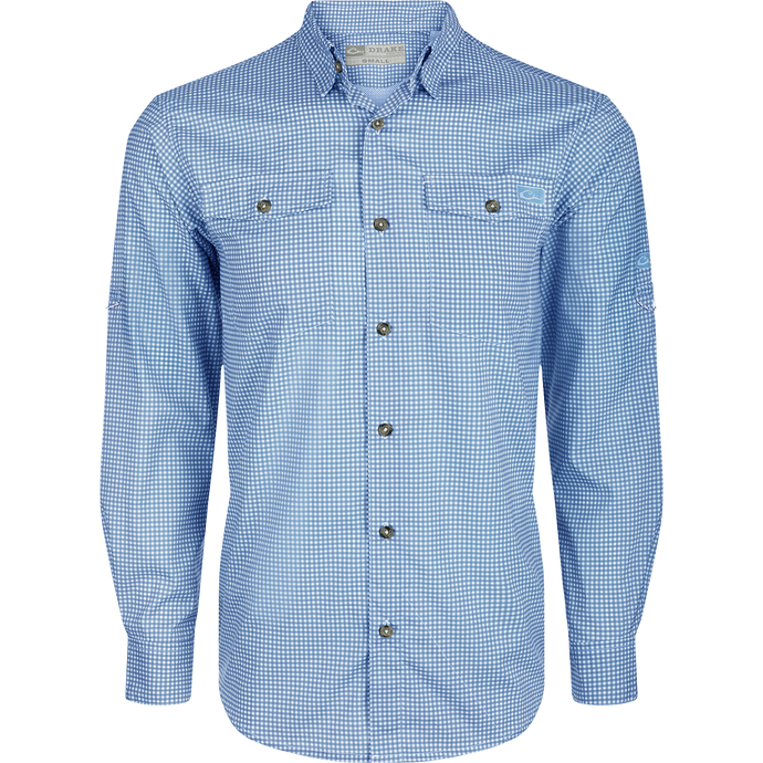 Frat Gingham Check Shirt L/S: Lightweight, moisture-wicking shirt with UPF30 sun protection. Classic fit, hidden button-down collar, vented cape back, and two chest pockets. Sculpted hem, adjustable roll-up sleeves, and built-in sunglass wipe.