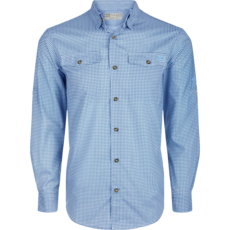 Frat Gingham Check Shirt L/S: Lightweight, moisture-wicking shirt with UPF30 sun protection. Classic fit, hidden button-down collar, vented cape back, and two chest pockets. Sculpted hem, adjustable roll-up sleeves, and built-in sunglass wipe.