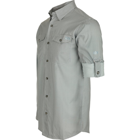 Frat Gingham Check Shirt L/S: Close-up of lightweight shirt with hidden button-down collar, chest pockets, and vented cape back. Sculpted hem and adjustable roll-up sleeves.