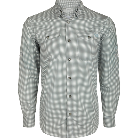Frat Gingham Check Shirt L/S: Lightweight, moisture-wicking shirt with UPF30 sun protection. Classic fit, hidden button-down collar, and two chest pockets. Sculpted hem and adjustable roll-up sleeves. Vented cape back for breathability. Ideal for hunting and outdoor activities.