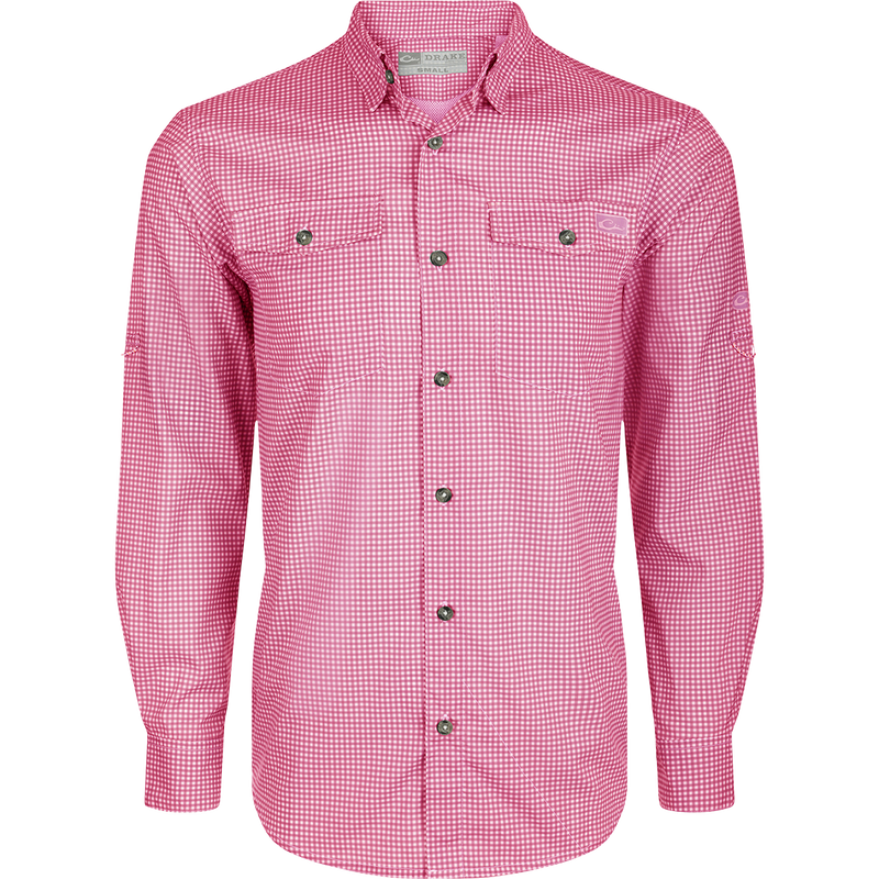 Frat Gingham Check Shirt L/S: Lightweight, moisture-wicking shirt with UPF30 sun protection. Classic fit, hidden button-down collar, and vented cape back. Two chest pockets and adjustable roll-up sleeves. Sculpted hem and built-in sunglass wipe.