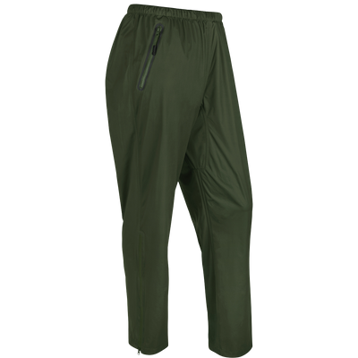 A packable waterproof/windproof pant from Drake Waterfowl. Ultralight and breathable, perfect for spring showers. Adjustable waist and hood for a customizable fit. Lower leg openings with zippers. Packable in left pocket.