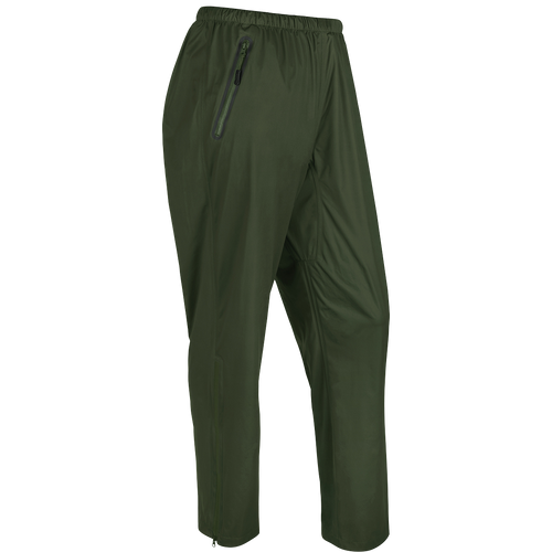 A packable waterproof/windproof pant from Drake Waterfowl. Ultralight and breathable, perfect for spring showers. Adjustable waist and hood for a customizable fit. Lower leg openings with zippers. Packable in left pocket.