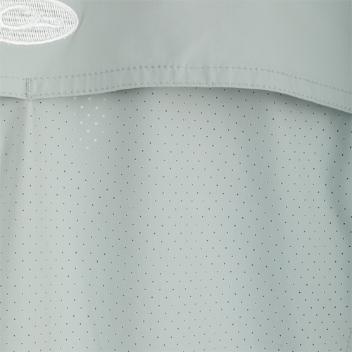 Wingshooter Trey Shirt S/S, close-up of performance fabric with hidden pockets, vented back, and sunglass wipe.