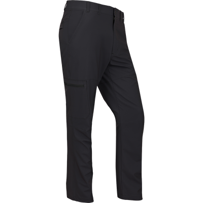 A rugged and sophisticated black Traveler Trek Pant with built-in stretch, moisture-wicking, and quick-drying features. Lightweight and comfortable, with articulated knees, front and back pockets, and a cargo pocket. Perfect for your next adventure.