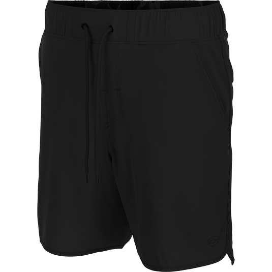 Commando Lined Volley Short 7" - A versatile black shorts with drawstring, scalloped hem, and hidden zippered pockets. Built-in liner for quick-drying comfort.