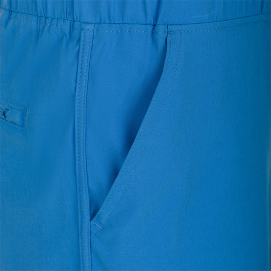 Commando Lined Volley Short 9" with blue fabric pocket, scalloped hem, and adjustable drawstring waistband.