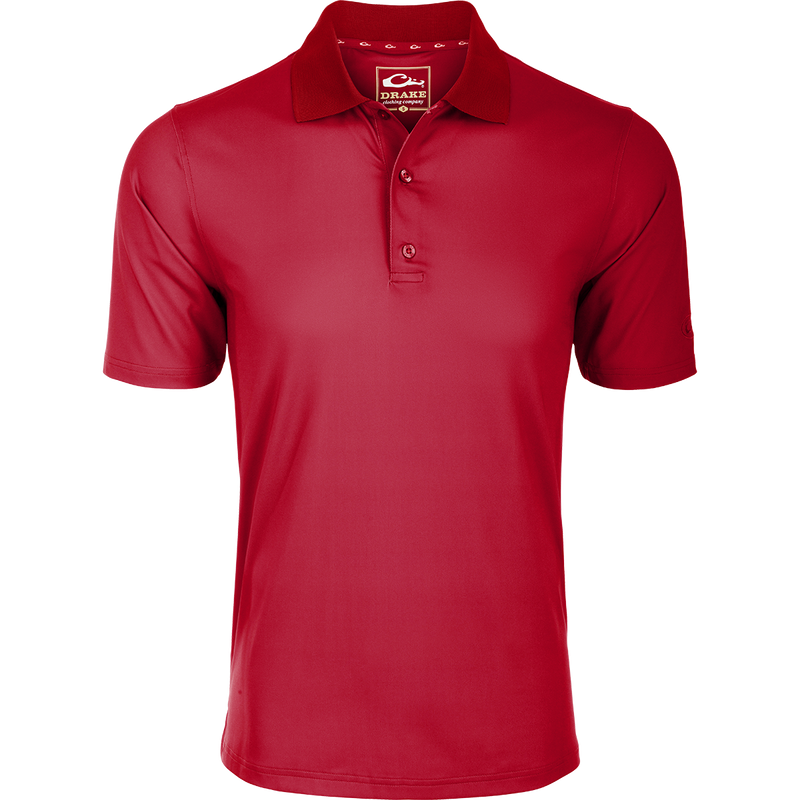 Performance Stretch Polo S/S, a comfortable red shirt with 4 Way Stretch, moisture-wicking fabric, and a three-button placket. Perfect for any occasion.