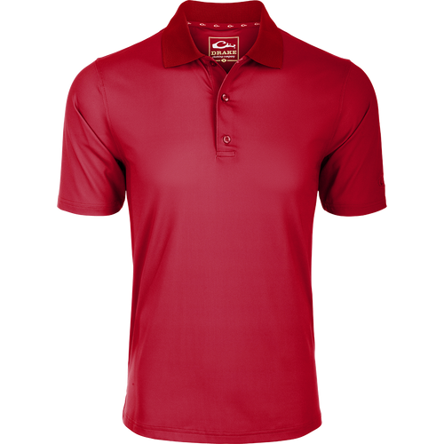 Performance Stretch Polo S/S, a comfortable red shirt with 4 Way Stretch, moisture-wicking fabric, and a three-button placket. Perfect for any occasion.