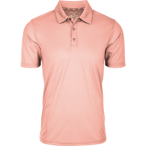 Heather Polo S/S: A timeless silhouette with a textured fabric, open sleeves, and a split tail hem. Built-in stretch and moisture-wicking for comfort.