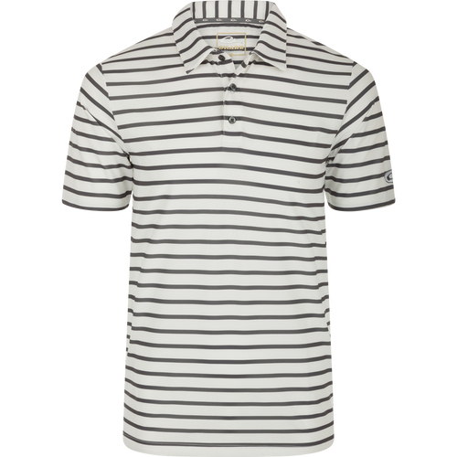 Performance S/S Stretch Striped Polo on mannequin, featuring 4-Way Stretch, moisture-wicking fabric, three-button placket, self-fabric collar, open sleeves, and split tail hem.