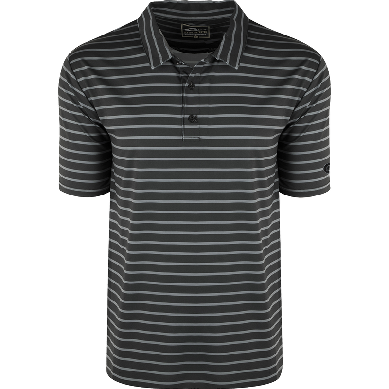 Performance S/S Stretch Striped Polo, a comfortable black and grey shirt with 4-Way Stretch, moisture-wicking, and a classic silhouette.