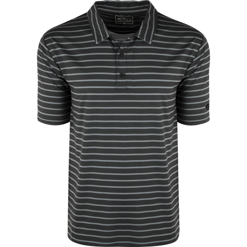 Performance S/S Stretch Striped Polo, a comfortable black and grey shirt with 4-Way Stretch, moisture-wicking, and a classic silhouette.