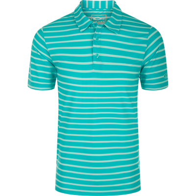 Performance S/S Stretch Striped Polo, a close-up of a comfortable shirt with 4-Way Stretch, moisture-wicking fabric, three-button placket, self-fabric collar, open sleeves, and a split tail hem. Perfect for any occasion.