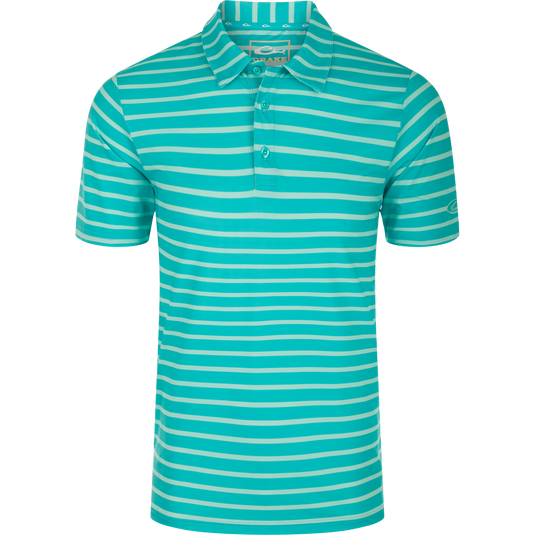 Performance S/S Stretch Striped Polo, a close-up of a comfortable shirt with 4-Way Stretch, moisture-wicking fabric, three-button placket, self-fabric collar, open sleeves, and a split tail hem. Perfect for any occasion.