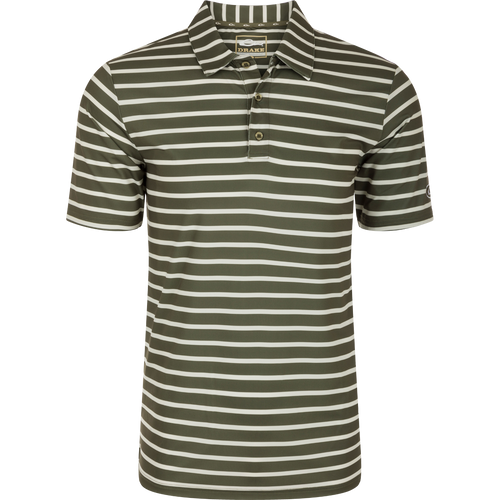 Performance S/S Stretch Striped Polo: A close-up of a logo on a shirt with 4-Way Stretch, moisture-wicking fabric. Ideal for comfort and style.
