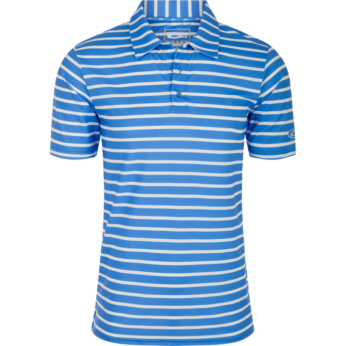 Performance S/S Stretch Striped Polo: A comfortable blue and white striped shirt with a three-button placket, self-fabric collar, and open sleeves. Moisture-wicking and 4-way stretch fabric for all-day comfort.