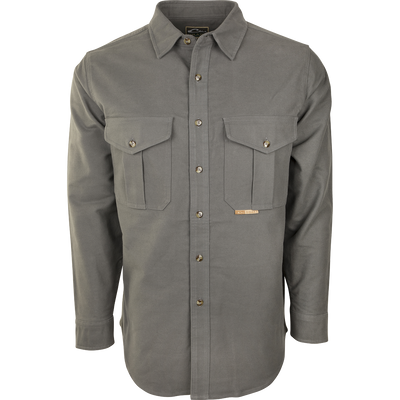 Classic Moleskin Shirt's button-up collar and front pockets, made from heavyweight 100% cotton moleskin fabric.