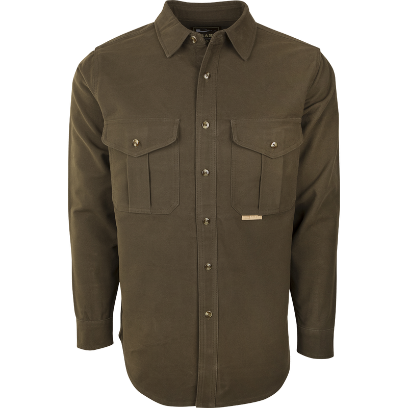 Classic Moleskin Shirt's button-up collar and front pockets, made from heavyweight 100% cotton moleskin fabric.