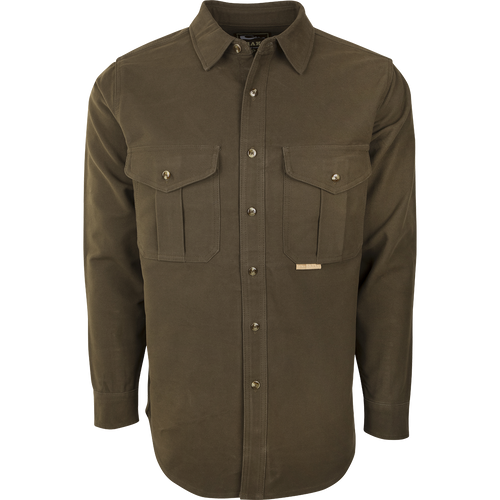 Classic Moleskin Shirt's button-up collar and front pockets, made from heavyweight 100% cotton moleskin fabric.