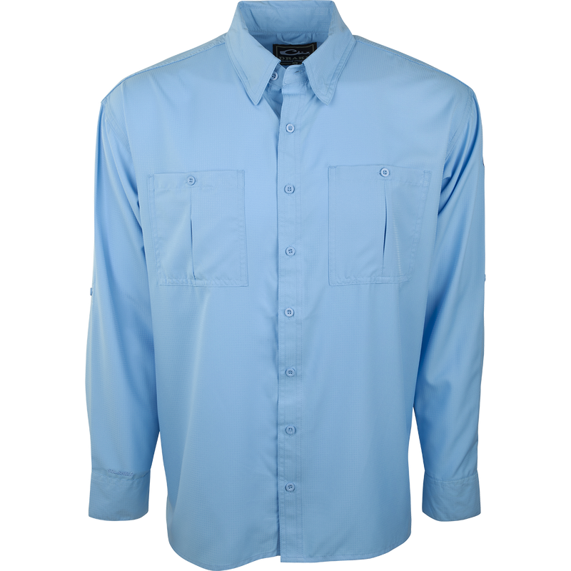 A blue button-up Flyweight Shirt with vented back and long sleeves. Ultra-lightweight polyester construction with Sol-Shield™ UPF 50+ sun protection. Quick-drying, moisture-wicking, and breathable. Vented mesh back and horizontal chest pockets. Hidden button downs and locker loop.